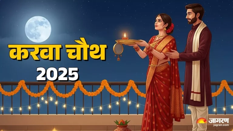करवा चौथ 2025 की पूजा करते हुए सुहागिन महिलाएँ, सजी हुई थाली और चाँद को छलनी से निहारती हुईं